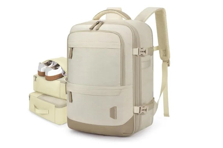 interior compartments of the Level8 Grace Carry-On, laptop sleeve and shoe pocket visible